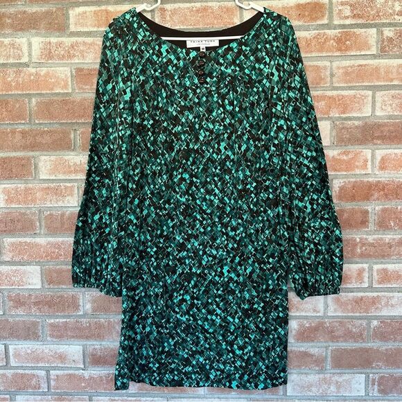 Trina Turk Long Sleeve Shift Dress Women’s Medium Geometric Teal Blue Turquoise - Picture 1 of 9